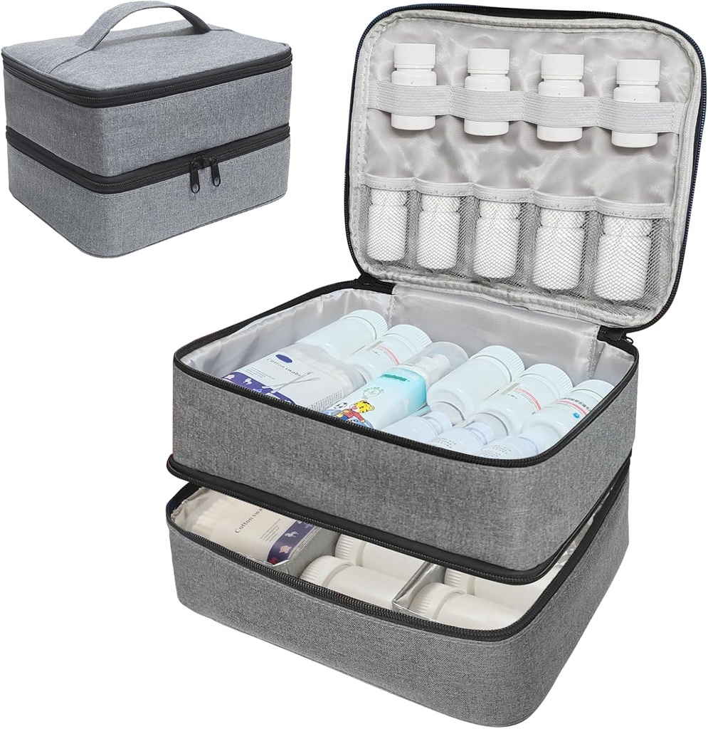 Reisemedizin Organizer und Aufbewahrungstasche - Double Layers Pill Bottle Organizer Tasche für Notfallmedizin, Ergänzungen oder medizinische Kits, Zippered Lockable Empty Medicine Tasche für Zuhause (Grey, M)