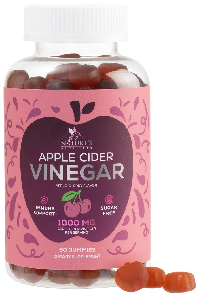 Vegan Apple Cider Essiggummis 1000mg - Sugar Free ACV Gummy Vitamins Supplement mit Vitamin B12 für Energie - Keto Friendly Digestion, Detox, Cleanse Support - Gelatin-Free, Non-GMO - 60 Gummis