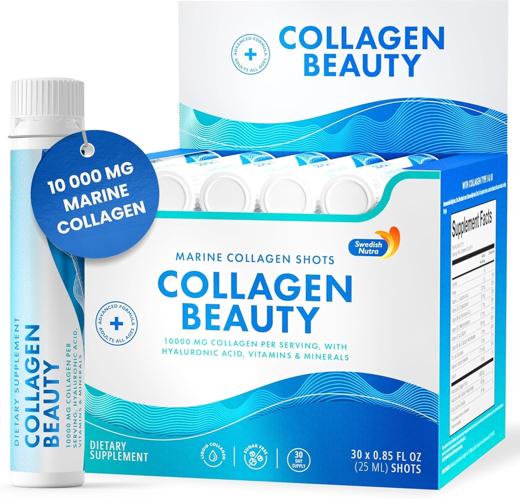 Swedish Nutra - Collagen Beauty | 10.000 mg Hydrolyzed Marine Collagen Liquid Supplement - 30 x 25 ml Tägliche Schüsse | Hyaluronsäure und Vitamin C, um gesundes Haar, Haut, Nägel | Sugar-Free zu unterstützen