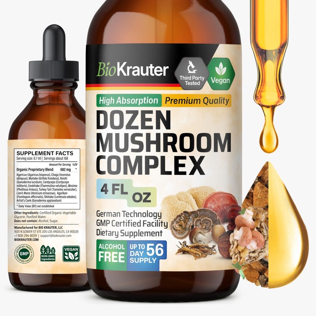 BIO KRAUTER Dozen Mushroom Tincture - Immun Support Supplement Drops - Fördert Verdauungs- und kognitive Unterstützung - Non-GMO, Liquid Immunity Defense Formula - 4 fl. oz Bottle