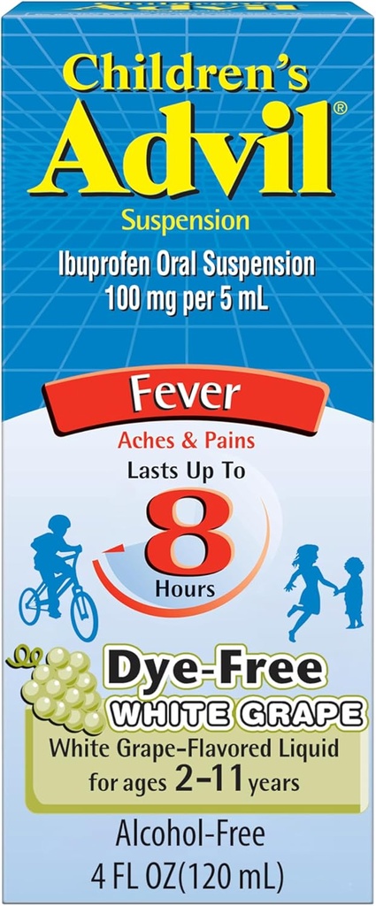 Kinder Advil Pain Reliever und Fever Reducer, Dye Kostenlose Kinder Ibuprofen für Schmerzlinderung, flüssige Ibuprofen für Kinder, Weißer Grape - 4 Fl Oz