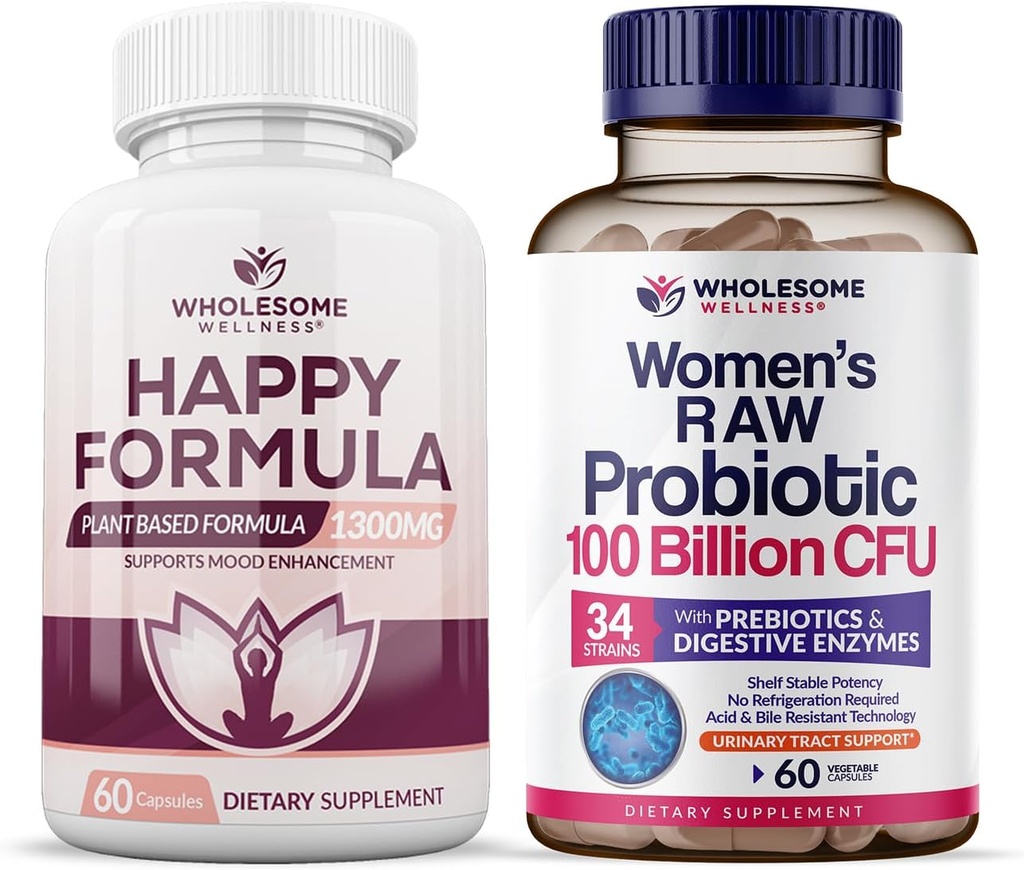 Ganzsome Wellness Happy Formula Natural Formula Relief Supplement + Dr. Formulated Raw Probiotics for Women 100 Billion CFUs Bundle