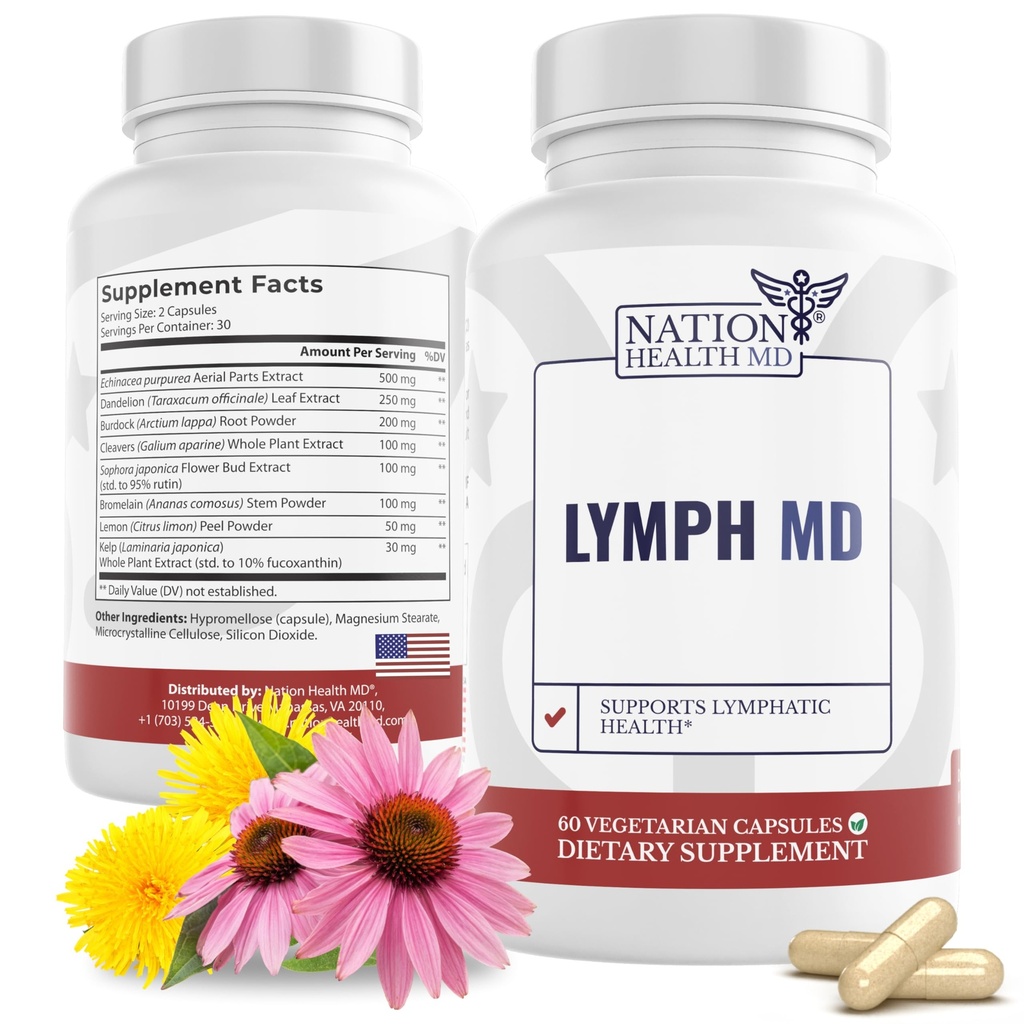 Lymphe MD - Lymphatic Drainage Supplement - mit Bromelain, Echinacea, Burdock Root, Dandelion, Rutin, Kelp & More - Lymphsystem Unterstützung für Frauen & Männer - 60 Kapseln