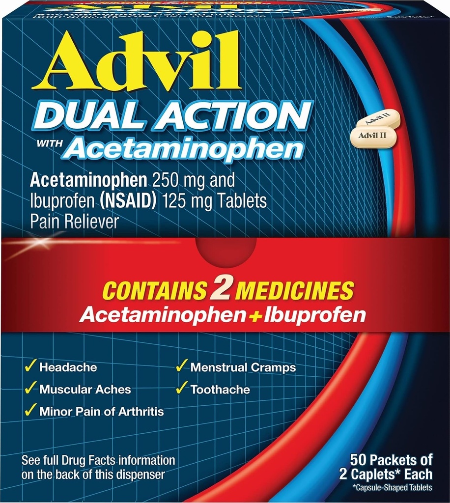 Advil Dual Action Coated Caplets mit Acetaminophen, 250 Mg Ibuprofen und 500 Mg Acetaminophen Per Dose (2 Dose Equivalent) für 8 Hour Pain Relief - 2 Count x 50