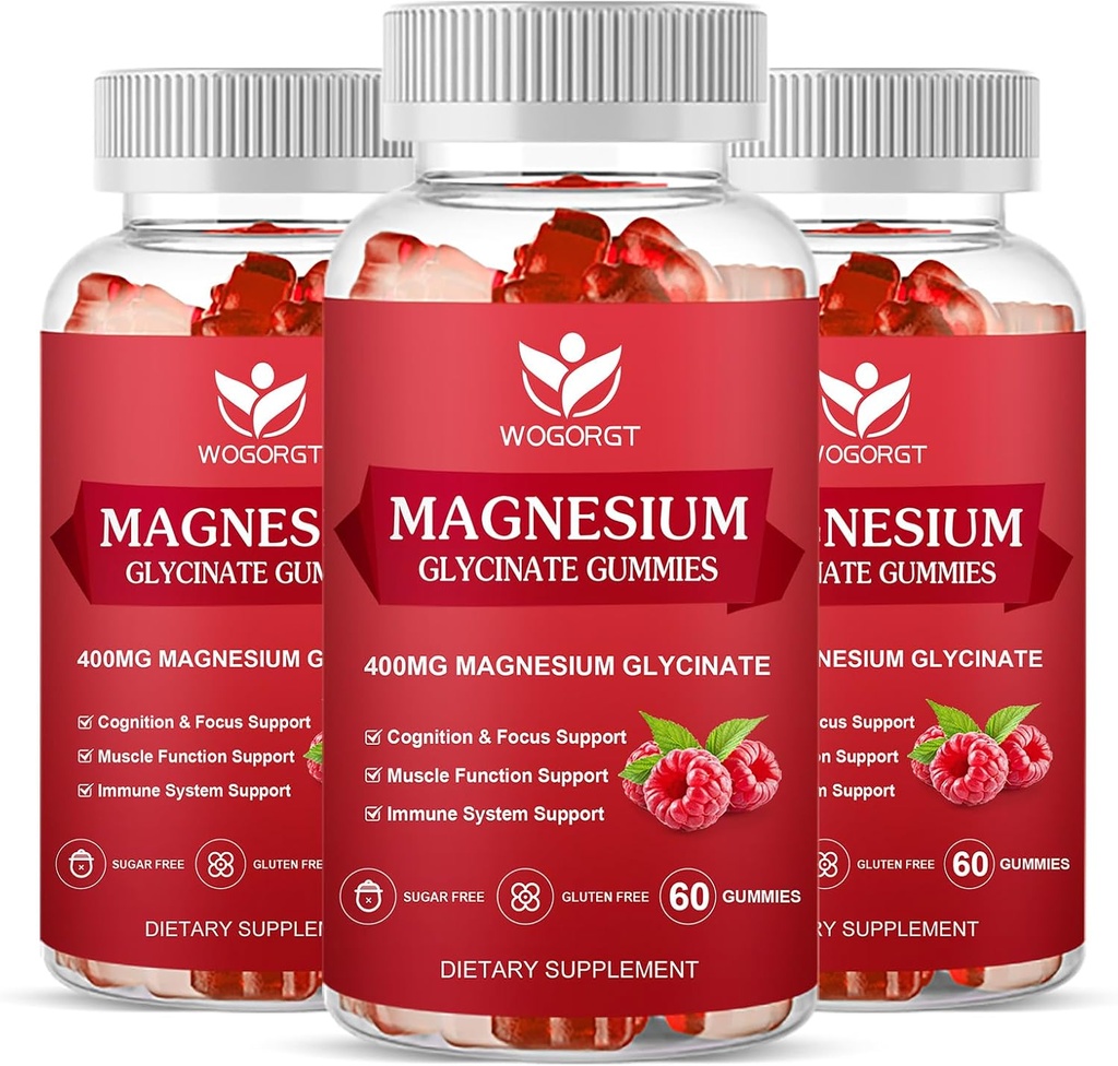 Magnesium Glycinat-Gummien - 400mg Magnesium Glycinat-Gummi mit Vitamin D, B6 und CoQ10, Magnesium-Ergänzung für Entspannung und Kognition, Zuckerfrei - 60 Himbeer-Gummi (3 Pack)