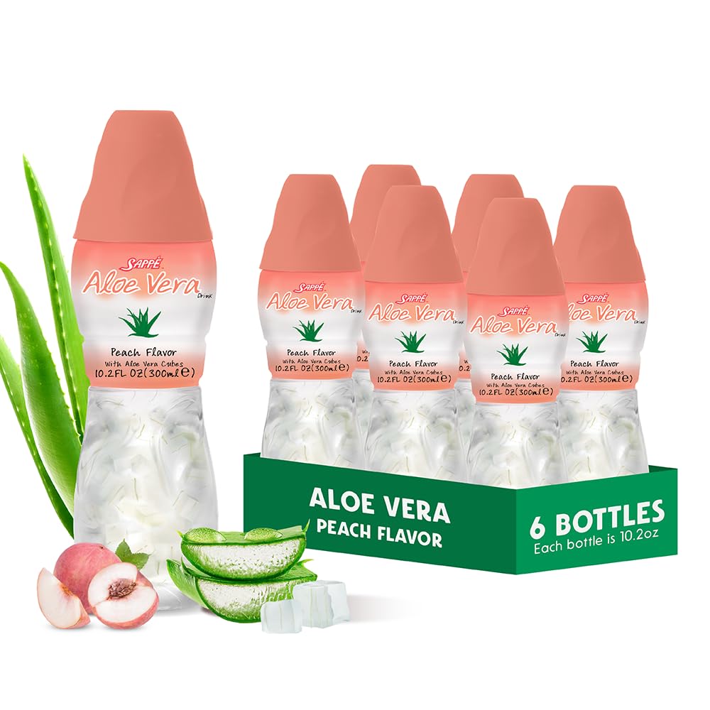 Aloe vera Saft (Peach aromatisiert) mit größerem klobigen reinen Aloe-Pulver (6 Packungen) Pflanzensaft groß für die Hydratation und enthält große Aloe-Pulver. Es ist gesund für Erwachsene und Kinder
