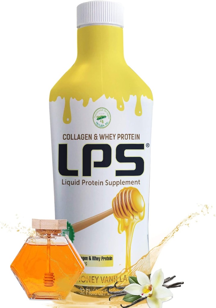 LPS Liquid Collagen & Whey Protein Supplement - Sugar-Free, Dye-Free, Non-GMO Drink - Hydrolyzed Collagen & Whey Peptides fördert gesunde Haut & Haare für Männer & Frauen, Honey Vanilla, 32 fl oz