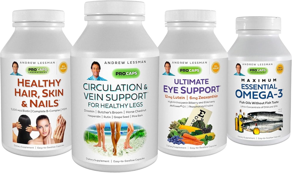 ANDREW LESSMAN 4 Product Customer Favorites Bundle - 180 Count Jeder von Zirkulation & Vein Support, Gesundes Haar, Haut und Nägel, Ultimate Eye Support und Maximum Essential Omega-3 (Orange)