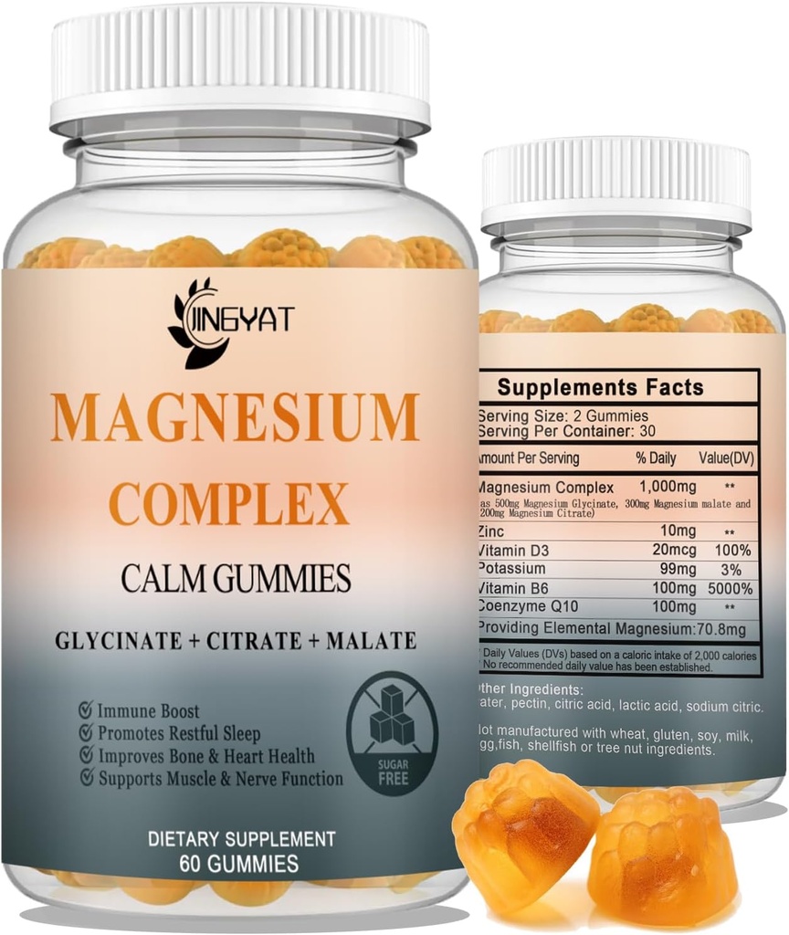 Triple Magnesium Complex - Hohe Absorption Magnesium Gummie, Magnesium Glycinat, Malat, & Citrat, Chelat Formen mit Vitamin D und Zink, Kalium, Coq10 Ergänzung