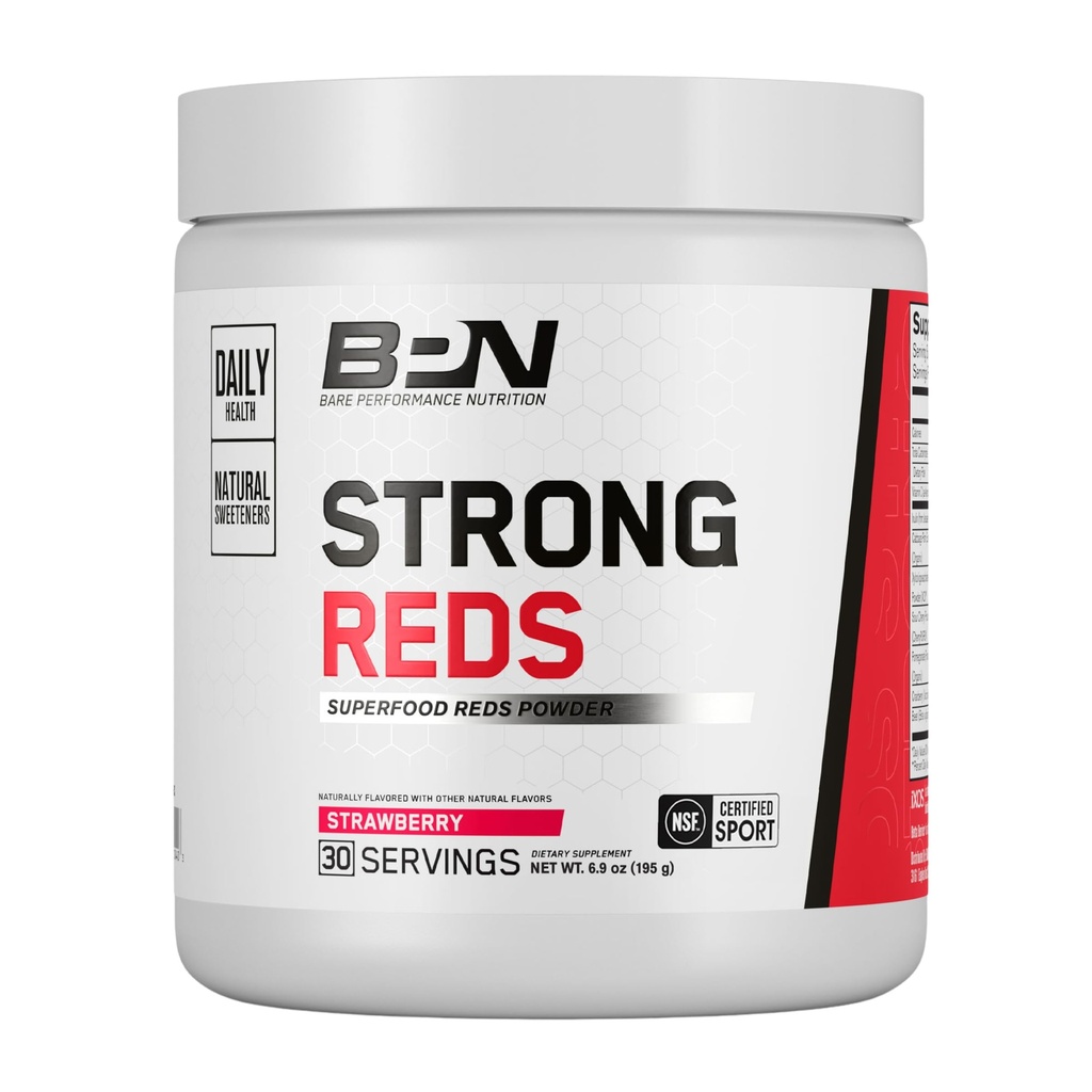 BARE PERFORMANCE NUTRITION, BPN Strong Reds Superfood Pulver, Verdauungsenzyme, Antioxidantien, Verbesserte natürliche Energie, 30 Servierungen, Erdbeere