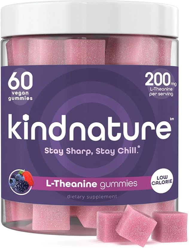 kindnature L-Theanine Gummies 200mg – Vegan Calm & Focus Supplement für Erwachsene & Kinder Alter 4+ – Mixed Berry Chewable, Low Sugar, Non-Drowsy*