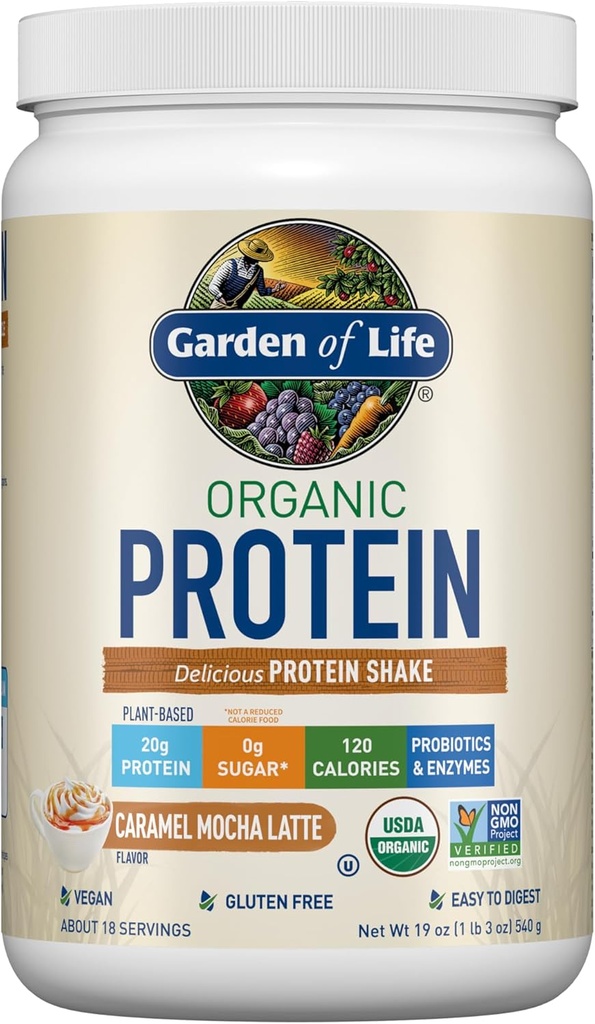 Garten des Lebens Vegan Protein Pulver - Caramel Mocha Latte - 20g Pflanzenprotein, BCAAs, Probiotics & Digestive Enzyme - Glutenfrei, Non-GMO
