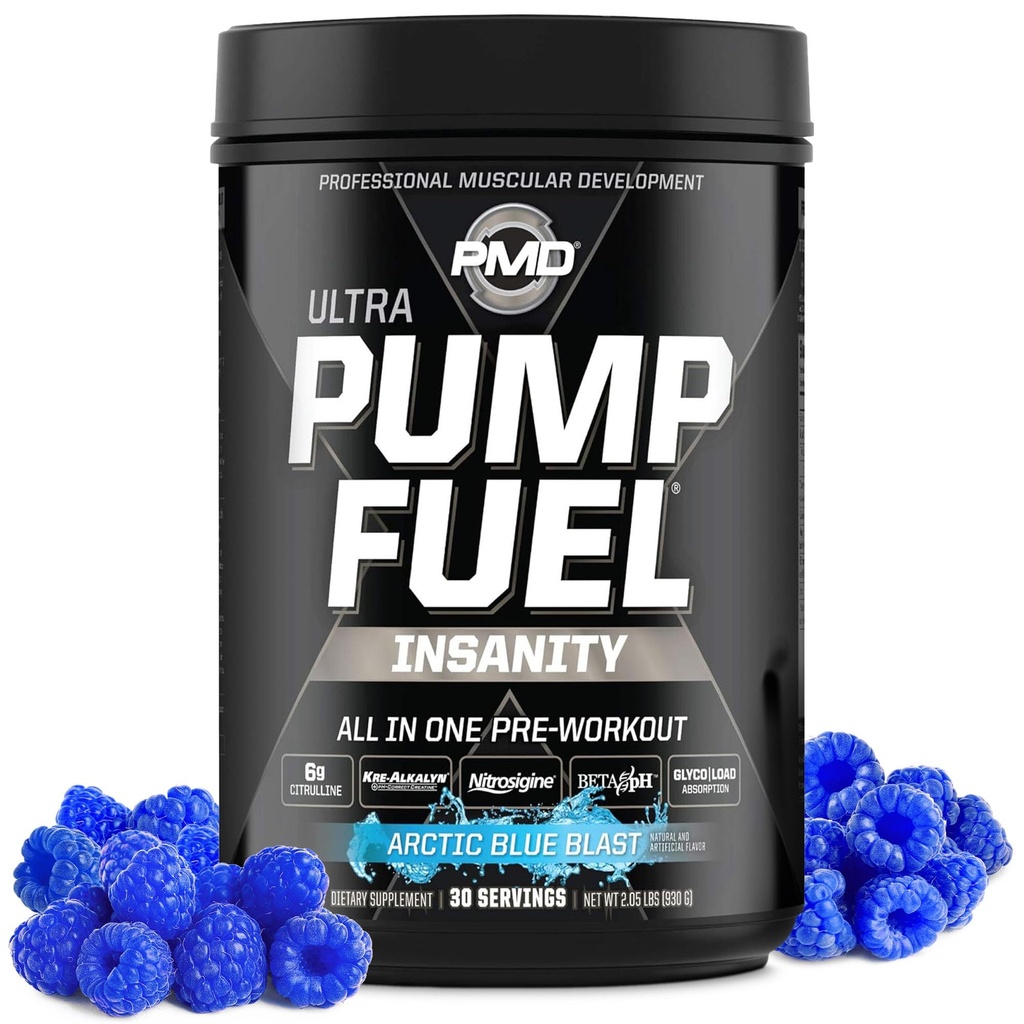 PMD Sports Pump Fuel Ultra Insanity - Premium Pre Workout Powder & Muskelpumpe, Großer Fokus, Endurance & Recovery, Premium Creatine, Arginine & Beta Alanine - Arctic Blue Blast (30 Portionen)
