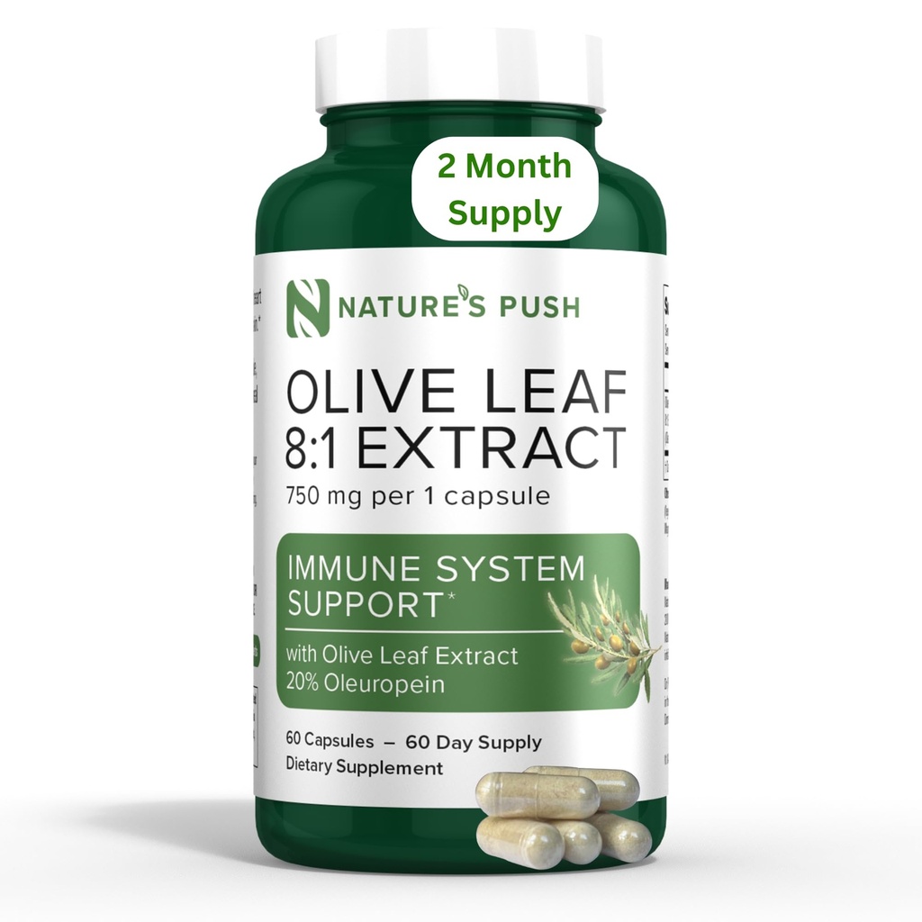 Nature's Push Super Potent Olive Leaf 8:1 Extrakt 20% Oleuropein 750mg Kapsel Immunsystem, Haut und Herz-Gesundheit Unterstützung Vegan Non-GMO USA cGMP Gluten Kostenlose Antioxidantien 60 Kapseln 2 Monate Versorgung