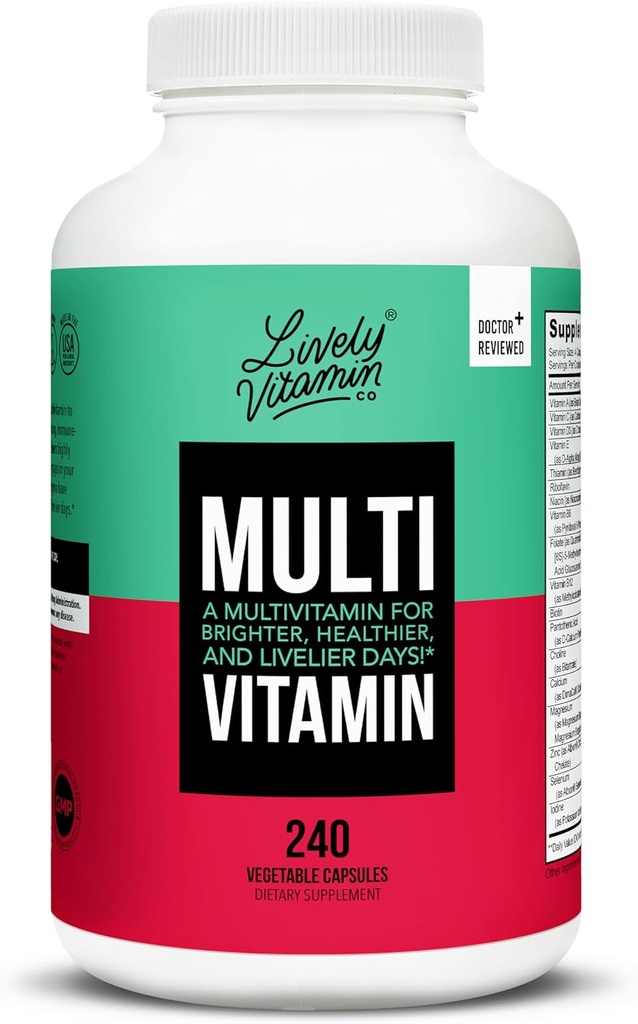 LIVELY VITAMIN CO. Multivitamin - 37 Vitamine Mineralien und Extrakte - Energie - Gedächtnis - Immunfunktion - Herz- Gehirn - Fokus - Stimmung - Antioxidantien - Dairy Gluten Soy Frei - 240 Vegetarische Kapseln