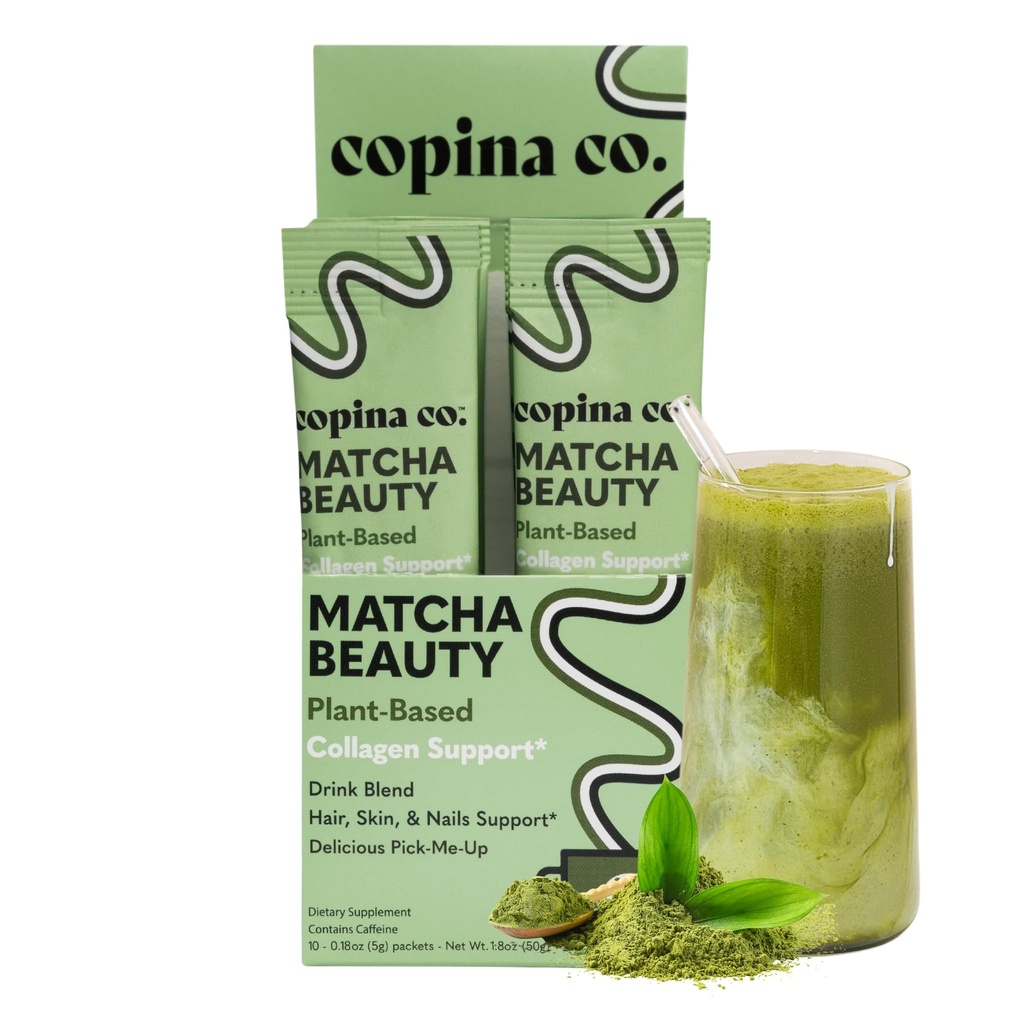 Copina Co. Matcha Beauty Vegan Collagen Booster Getränk Mischung: Pflanzenbasierte Collagen Unterstützung Smoothie Getränk Vegan Mischung Vielfalt Pack | Matcha Flavor | 10 Individuelle Stick Packs pro Karton