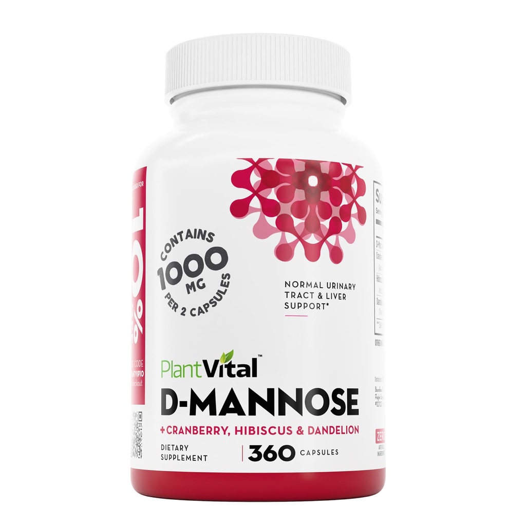 Plantvital D Mannose Kapseln mit Cranberry - D-mannose 1000mg Kapseln - Hohe Potenz für Bladder, Kidney und Urinary Tract Unterstützung. Cranberry Powder mit Hibiscus und Dandelion. 6 Monate Lieferung