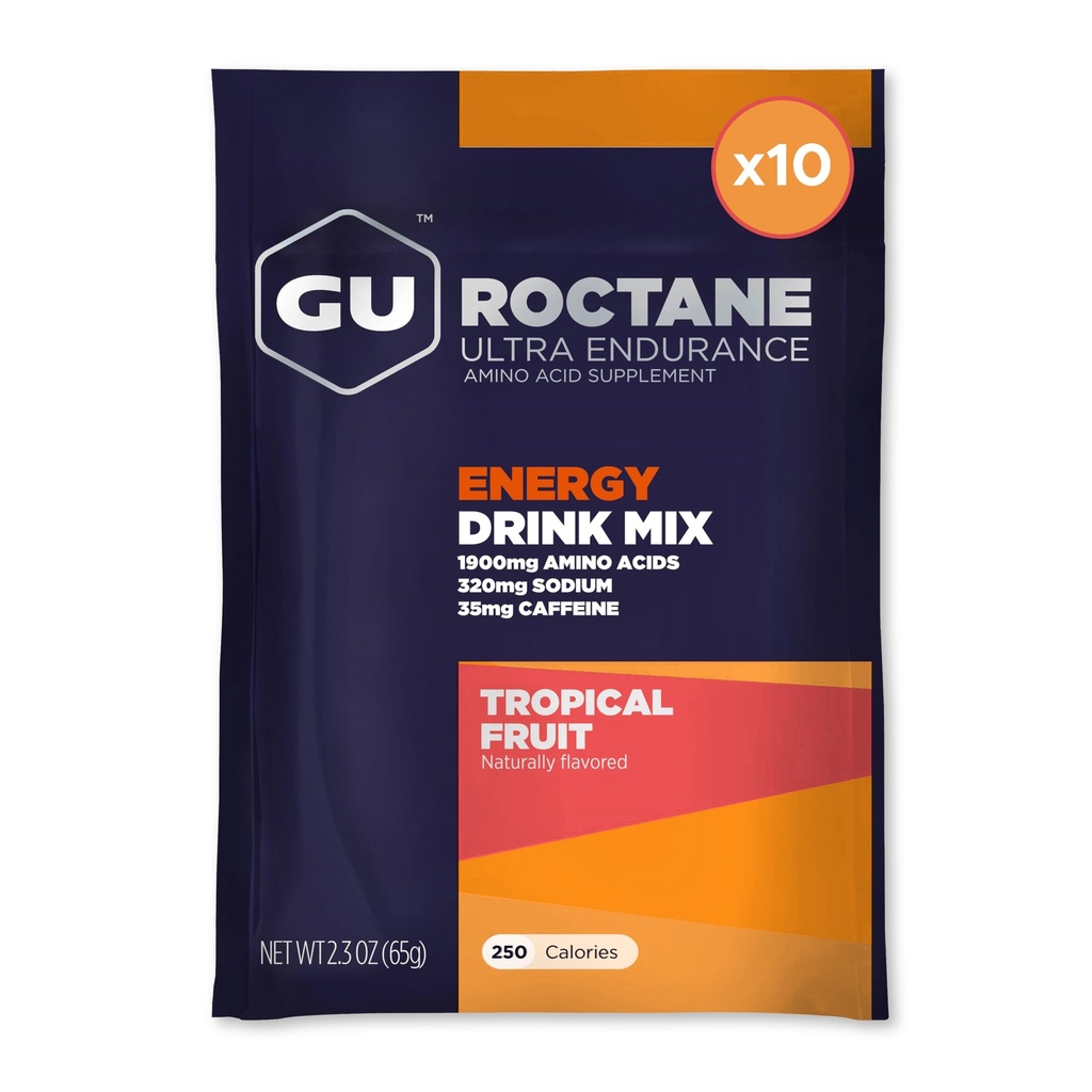 GU Energy Roctane Ultra Endurance Energy Drink Mix, Vegan, Gluten-Free, Kosher, 35mg Koffein, und Dairy-Free n-the-Go Energy for Any Workout, 10 Single-Serving Packets, Tropical Fruit
