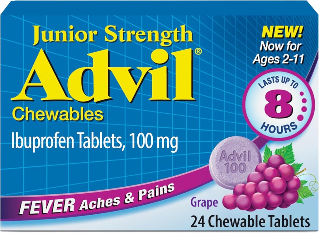 Advil Junior Strength Chewable Ibuprofen Pain Reliever und Fever Reducer, Kinder Ibuprofen für Schmerzlinderung, Grape - 24 Tabletten