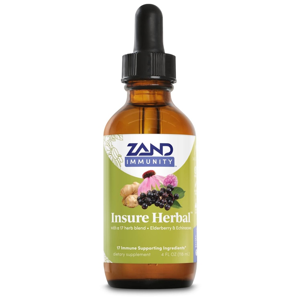 ZAND HERBALS Insure Kräuterflüssigkeit Mischung - 17 Wellness Zutaten - w/Echinacea, Elderberry, Ginger, Sage, Pfefferminz und mehr - Glutenfrei, Vegan, Non-GMO, 60-Day Garantie, 147 Servierungen, 4 FL OZ