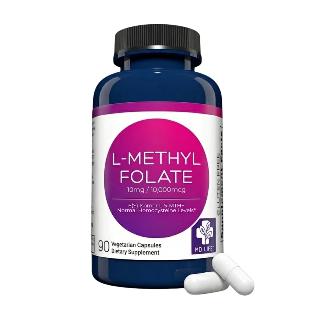 MD. Life L-Methylfolate 10 mg, Professional Grade, 90 Capsules, 5-MTHF | Active L-Methylfolate Supplement with Essential Amino Acids - Maximum Potency MTHFR Support - Doctor Designed, Made in USA