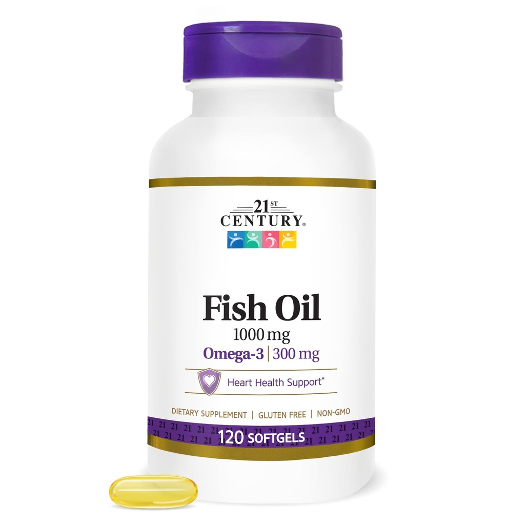 21st Century Fischöl 1000 mg Softgels, (300 Count), Molekular destilliert, Omega-3-Ergänzung mit EPA & DHA, gereinigt, um Quecksilber zu beseitigen, unterstützt kardiovaskuläre Gesundheit, glutenfrei und nicht-GVO
