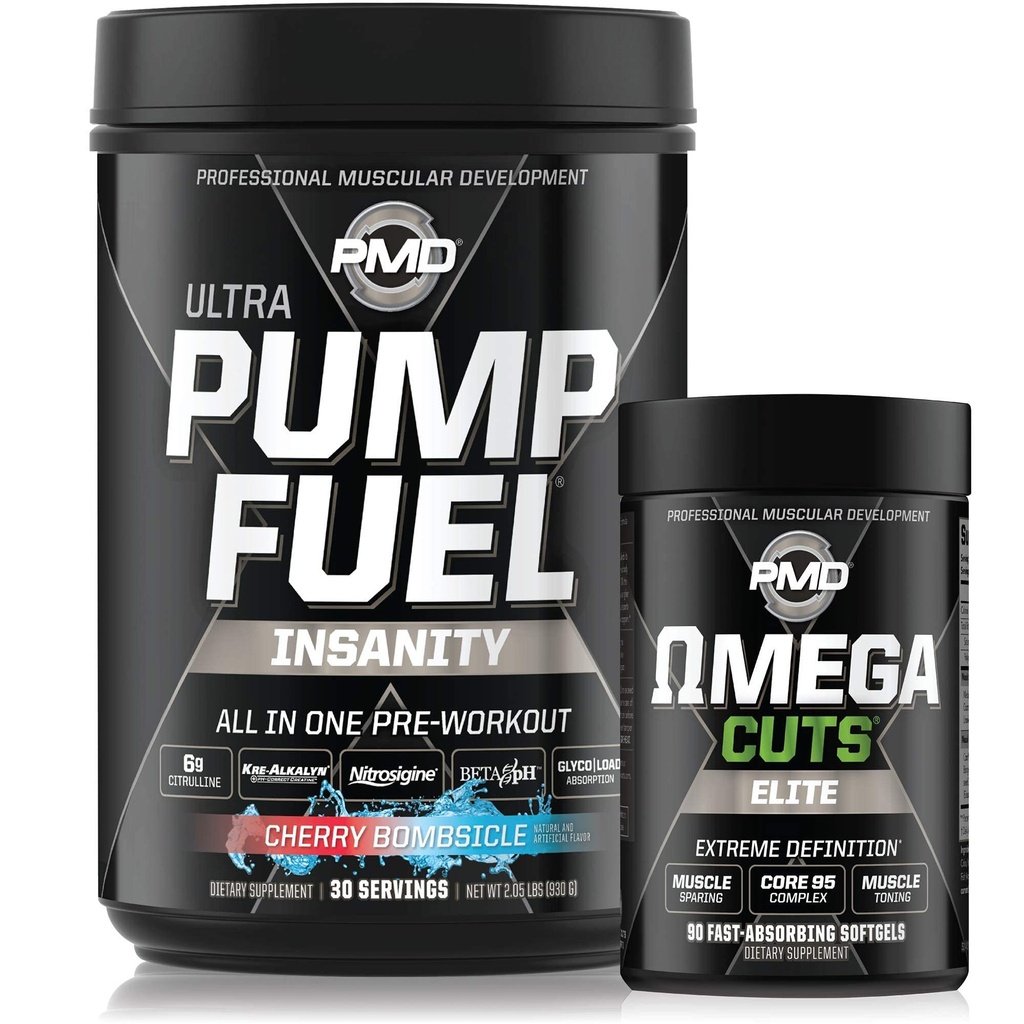 PMD Sports Ultra Pump Fuel Insanity - Pre Workout - Cherry Bombsicle (30 Servierungen) Sport Omega Cuts Elite Thermogenic Fat Burner (90 Softgels)