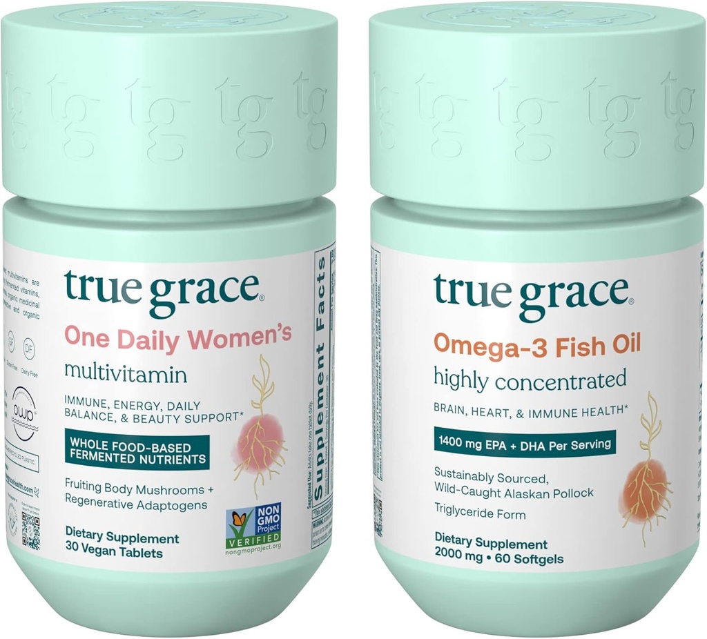 True Grace One Daily Women’s Multivitamin (30 Vegan Tablets) & Omega-3 Fish Oil (60 Softgels) - Glutenfrei, Sojafrei, Organisch - 30-Tage Versorgung jeder
