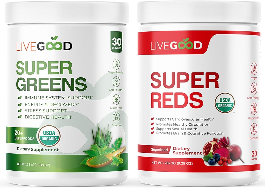 LIVEGOODTM Organic Super Greens & Super Reds Bundle mit Weizen, Gerste, Matcha Green Tea, Aloe, Rübenwurzel, Granit, Vegan, Glutenfrei