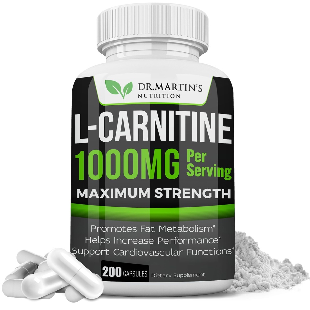 DR. MARTIN's NUTRITION Extra Strength L-Carnitin - 200 Kapseln - 1000mg pro Servieren - Erhöhen Sie Ihren Stoffwechsel und steigern Sie die Leistung