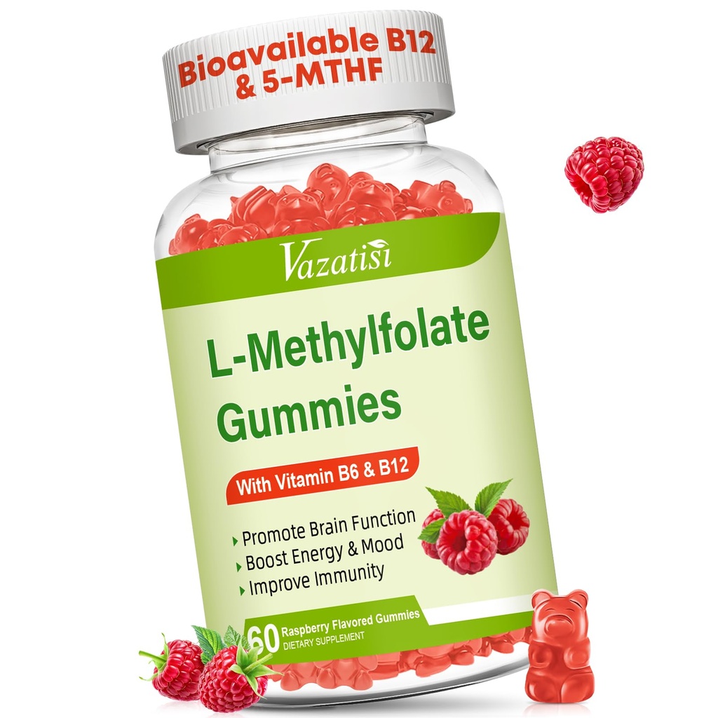 L-Methylfolat 15 mg Gummie mit Methyl B12, Folate Supplement für Stimmung, Gehirngesundheit, Immununterstützung, Himbeer Geschmack, 60 Zähler