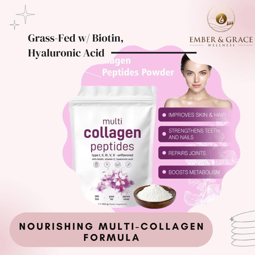 Ember & Grace Wellness Multi Collagen Protein Powder– Typ I,II,III,V,X mit Biotin, Hyaluronsäure, Vitamin C – Unflavored Collagen Peptide – Keto & Paleo Friendly, Easy Dissolving, Non-GMO