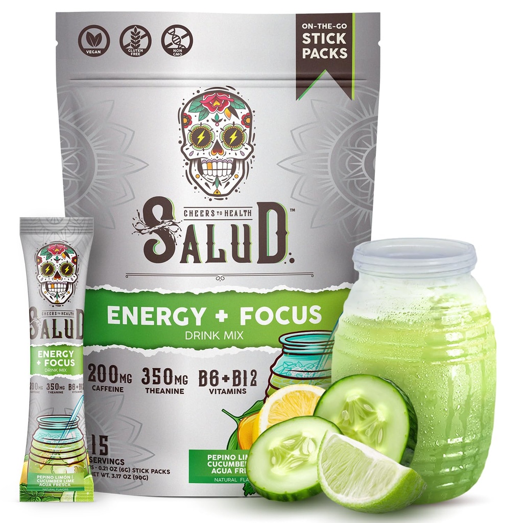 Salud 2-in-1 Energy Drink Powder + Focus, Cucumber Lime, Organic Caffeine, B6 + B12, Theanine, Clean Energy Drink Packets, Agua Fresca Mix, Non-GMO, Gluten Free, Vegan, 1g Zucker, (15 Portionen)