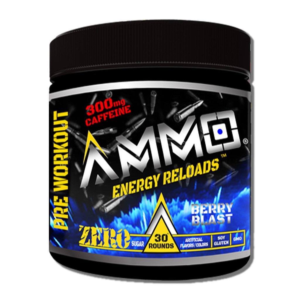 AMMO ® Energy Reloads™ Pre Workout Powder - 300mg Caffeine Zero Sugar Vital Aminos and Electrolytes No Artificial Flavors or Colors (Berry Blast)