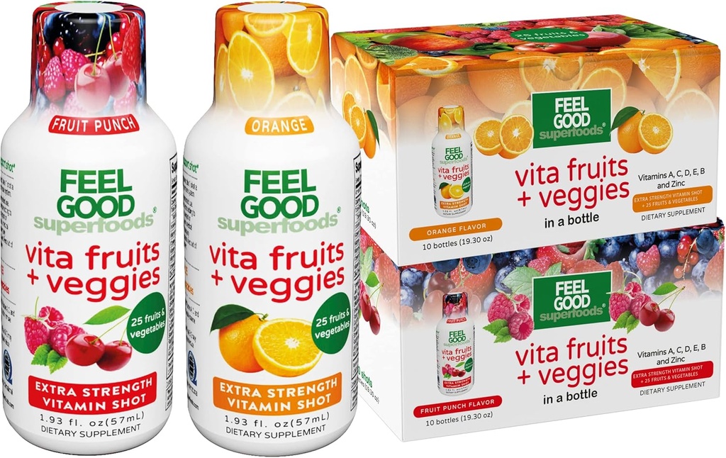 FeelGood Superfoods Vita Fruits and Veggies Immun Support Shot Supplements, 25 Bio-Fruchten und Gemüse, Bereit, Immunität Booster zu trinken, 10 Orange und 10 Frucht-Punch Flavor, Combo Pack von 20