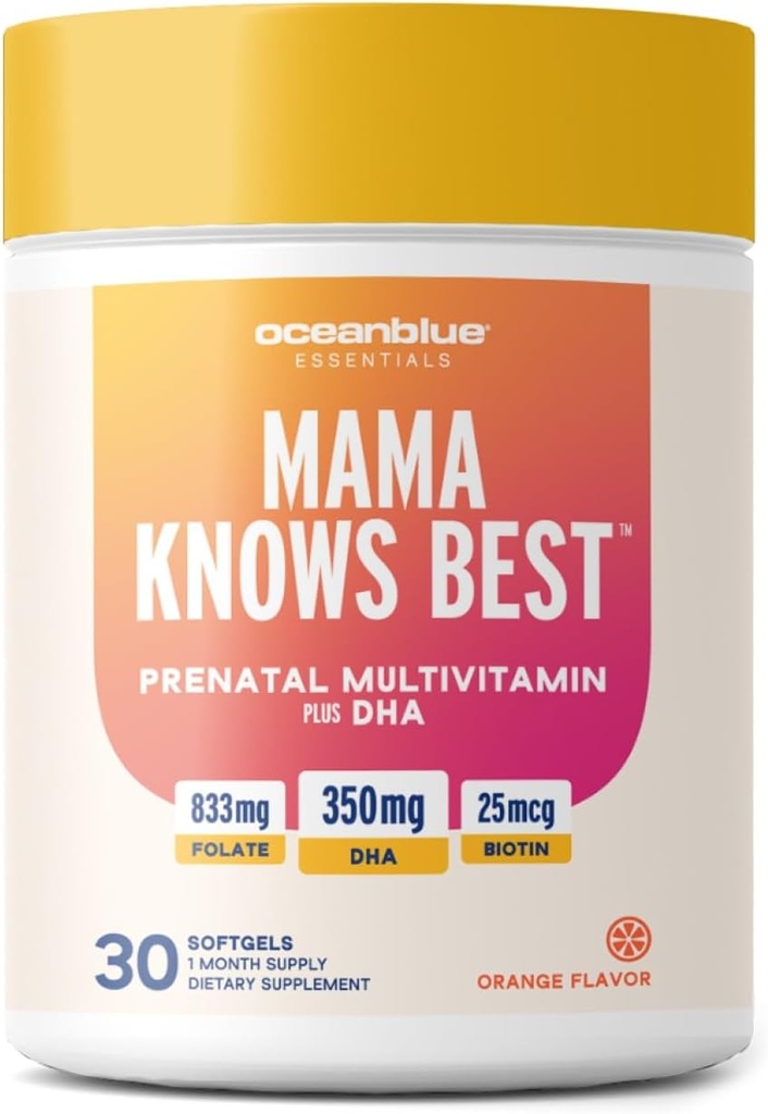 Oceanblue Essentials Mama weiß das Beste – 30ct – Pränatales Multivitamin mit Omega-3 DHA – Unterstützt eine gesunde Schwangerschaft – einfach zu schlucken Softgels – Tasty Orange Flavor – 1 Monat Versorgung