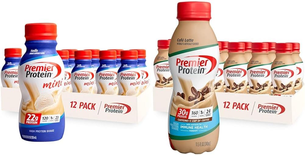 Premier Protein Shake MINIs Vanilla 22g Protein 120 Calories Pack von 12 & Café Latte 30g Protein 160 Kalorien Nährstoffe für Immungesundheit Pack von 12