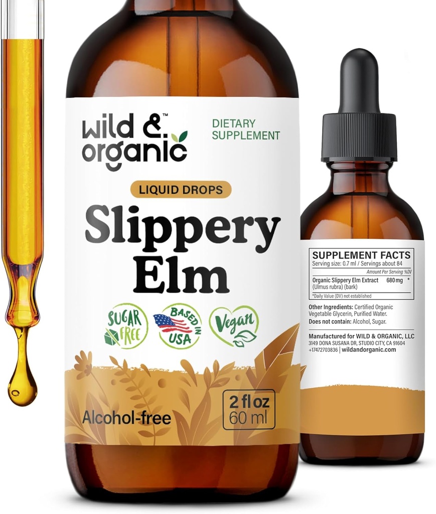 Wild & Organic Slippery Elm Drops - Lung, Digestive & Women's Support - Slippery Elm Bark Tincture - Liquid Ulmus Rubra Extract Supplement - Vegan, Zucker & Alkoholfrei - 2 fl oz