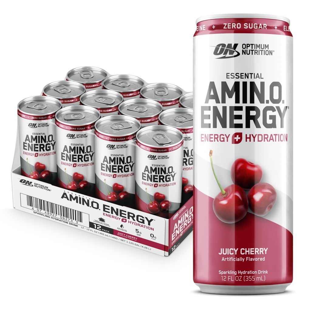 Optimum Nutrition Amino Energy Sparkling Hydration Drink, Elektrolyte, Koffein, Aminosäuren, BCAAs, Sugar Free, Juicy Cherry, 12 Fl Oz, 12 Pack (Packaging May Vary)