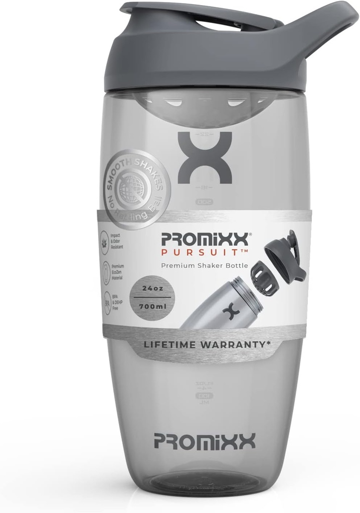 Promixx Pursuit Protein Shaker Bottle (24 oz) – Silent No-Ball Mixer, Leak-Proof Lid, BPA/BPS & Phthalate-Free ECOZEN – Easy-Clean Shaker Cup für Protein Shakes, Pre & Post-Workout Smoothies