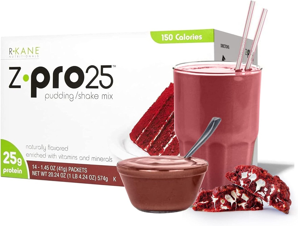 R-Kane Nutritionals Z-Pro Red Velvet Protein Drink Mix - High Protein, Low Calorie Low Fat Shake and Pudding Mix - Meal Replacement, On-The-Go Packets - Frühstück Boost - 25g Protein - 14 Pakete