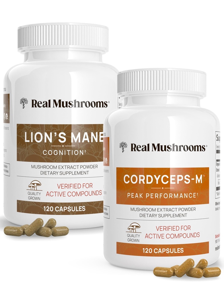 Lions Mane (120ct) und Cordyceps (120ct) Kapseln Bundle - Pilzergänzung für Kognition, Energie und Ausdauer