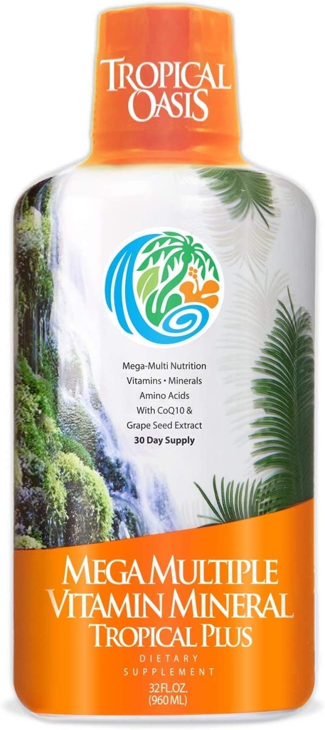 Tropical Oasis Mega Plus - Flüssiges Multivitamin und Mineralergänzung – Inklusive 85 Vitamine & Mineralstoffe, 20 Aminosäuren + CoQ10, Traubensaftextrakt & Organische Aloe Vera - 32oz, 32 Portionen, 33460