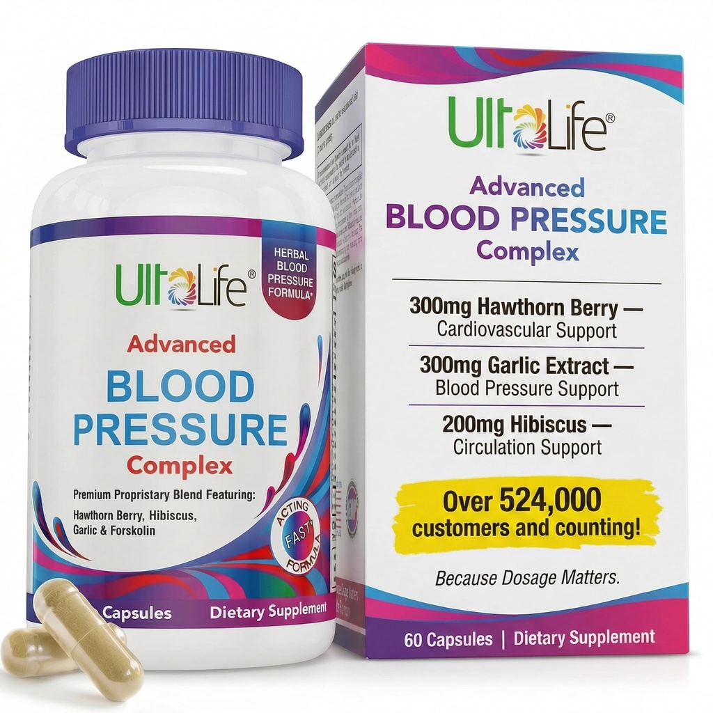 ULTALIFE Blutdruck-Ergänzungen - Advanced Blood Pressure Supplement Complex - Hawthorn Berry, Hibiscus, Knoblauch, Forskolin - 14 Vitamine & Kräuter, 30 Tage Versorgung in Veggie Kapseln