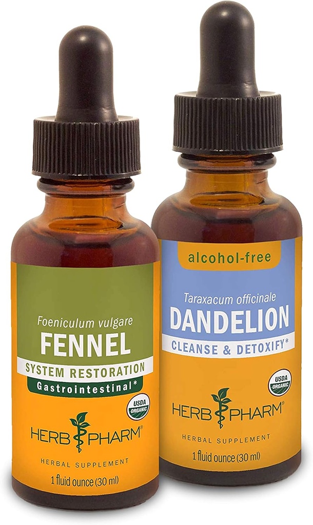 Herb Pharm Digestive Support & Detox Kit - Inklusive Certified Organic Fennel Liquid Extract, 1 Unze & Alkoholfreie Dandelion Liquid Extract, 1 Unze