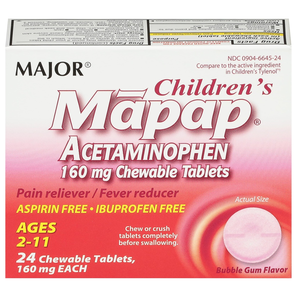 MAJOR Kinder Mapap Acetaminophen 160 mg Kautabletten - Pain Reliever/Fever Reducer - Aspirin Free - Ibuprofen Free - für Alter 2 bis 11-24 Count (1 Pack)