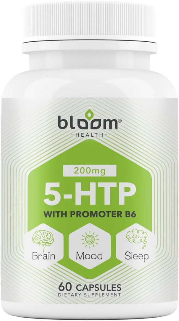 5 HTP 200mg Supplement, Vitamin B6 Natürlicher Schlaf, Konzentration, Mood Enhancer- 4 in 1 Formel Vegan Gluten, Weizen, Lactose, Sojafreie Kapseln - 60 Zähler