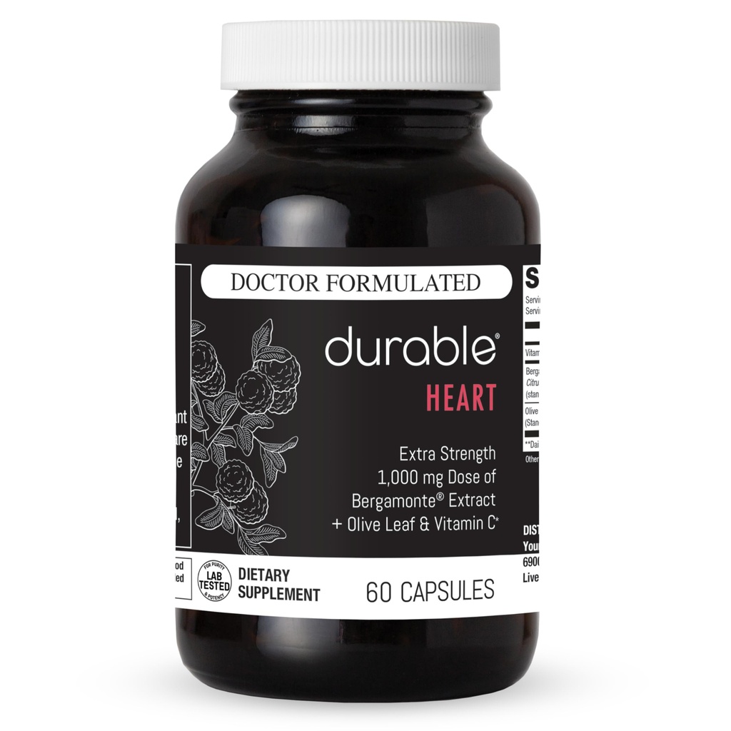 Durable Heart – Bergamonte Citrus Bergamotte 1.000 mg + Olivenblatt Extrakt + Vitamin C - Herzgesundheitsergänzung für gesunde Cholesterin - Arzt Formuliert, Vegan, Non-GMO, Made in USA (60 Kapseln)