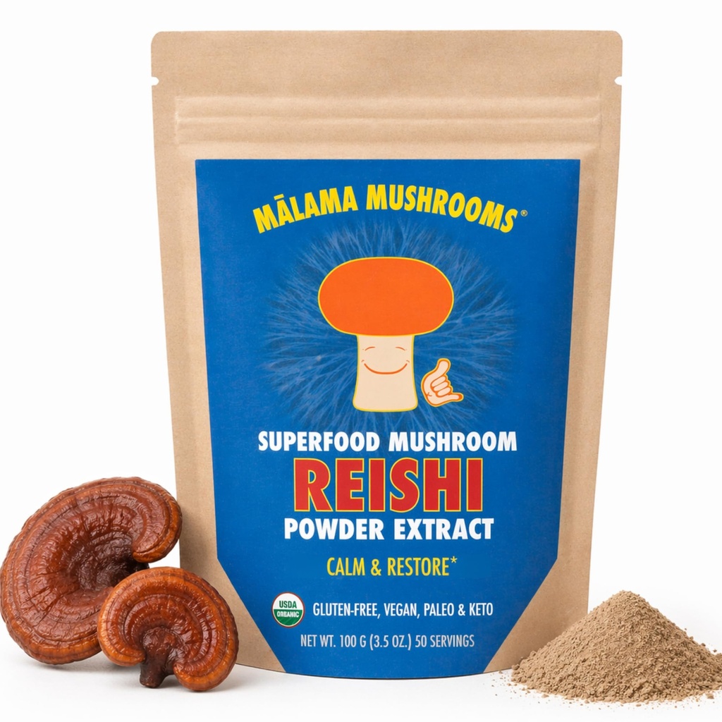 Malama Bio Reishi Pilzpulver, Pure Fruiting Body Extract, Adaptogenic Superfood für Immununterstützung und Wellness, 100 Portionen