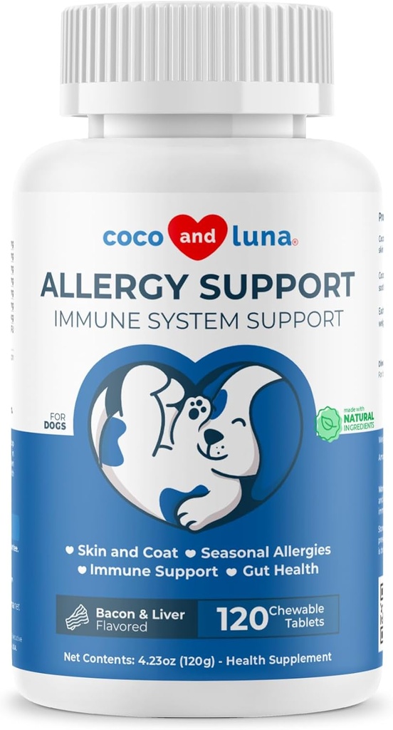 Allergie-Unterstützung für Hunde - 120 Kautabletten - mit Vitamin C, Omega 3 und Colostrum - Itch Relief, Allergy Relief für Hunde, Haut Soother - mit Probiotika für Immunsystem Gesundheit